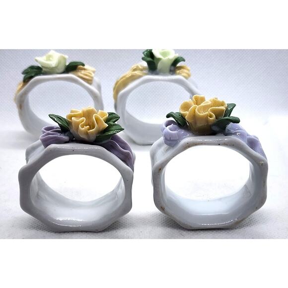 NAPKIN RINGS-Porcelain-3D Flowers-Yellow-Green-Set of 4 - Picture 9 of 16